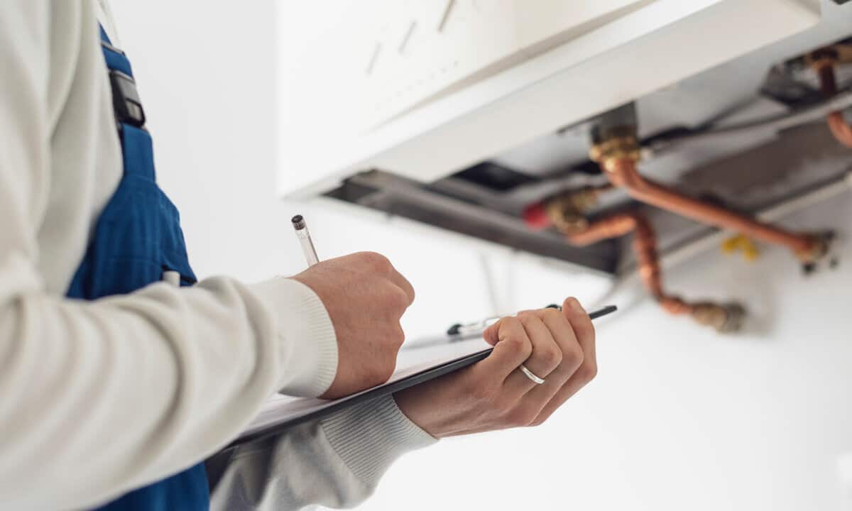 A plumber writing up an inspection in front of some pipes in a home.