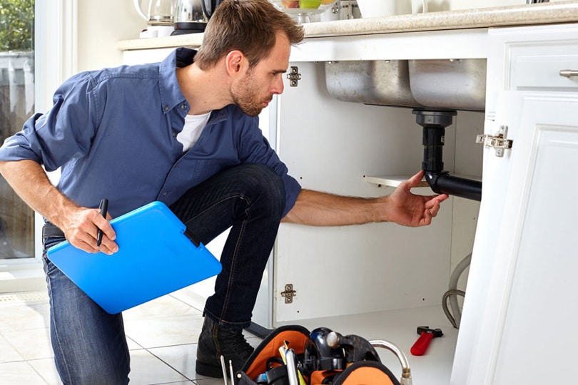 A technician looking at pipes under a sink