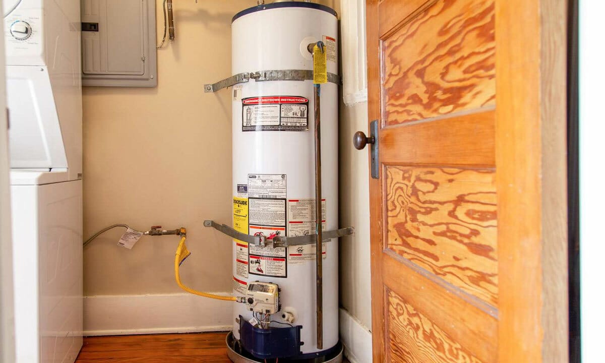 A water heater in the closet of a mobile home