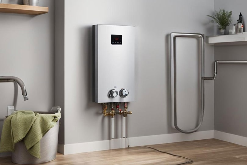 A tankless water heater installed in a bathroom