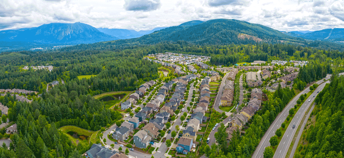 An aerial photo of a typical mountain neighborhood