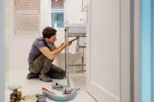 A plumber working under a bathroom sink