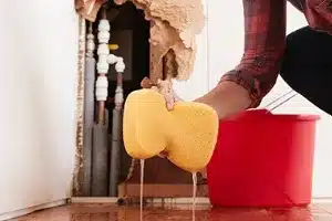 Someone squeezing water from a sponge while cleaning up a spill on the floor