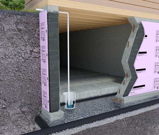 An illustration of a cross-section of a basement showing the sump pump with drainage pipe to the outside