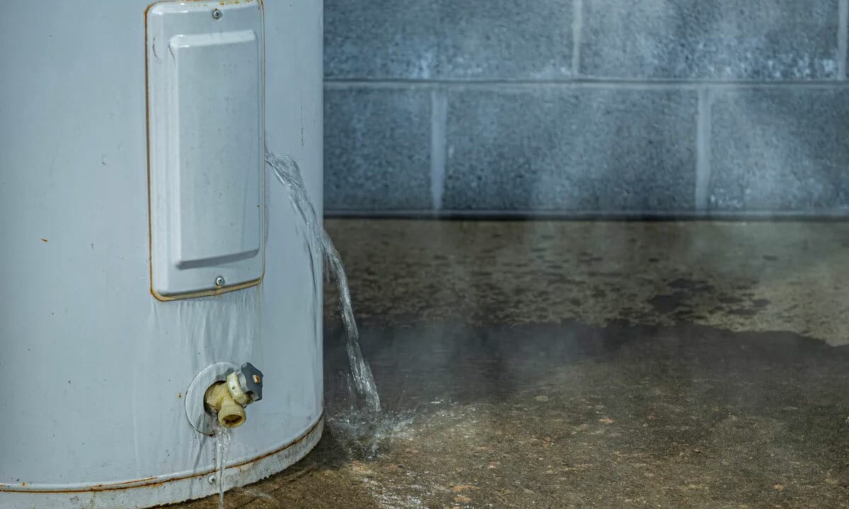 A photo of steaming water leaking from a water heater